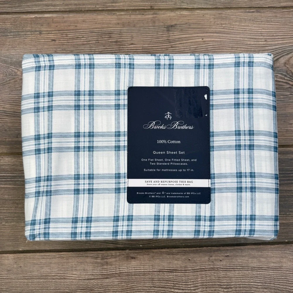 Brooks Brothers Queen Sheet Set Blue White Plaid 100% Cotton 4pc New